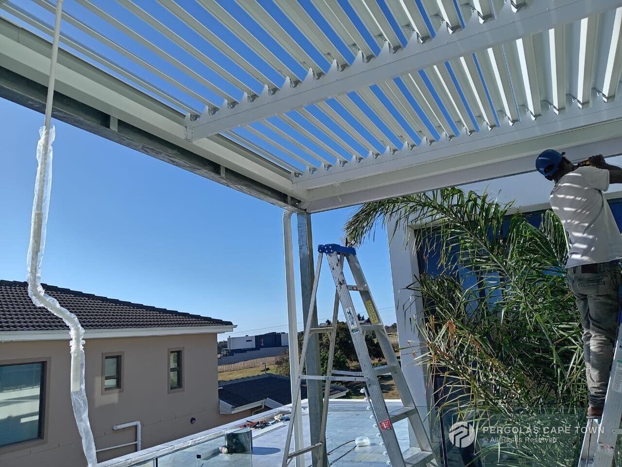 Manual louvre pergola white internal i beam frame